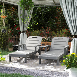 Outsunny Set of 2 Resin Reclining Sun Loungers for Garden, 5 Positions Adjustable Outdoor Chaise Lounge Chairs with Wood Texture Surface, Armrests, Foldable Side Table for Garden, Beach, Dark Grey - thumbnail 2