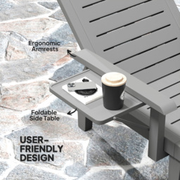 Outsunny Set of 2 Resin Reclining Sun Loungers for Garden, 5 Positions Adjustable Outdoor Chaise Lounge Chairs with Wood Texture Surface, Armrests, Foldable Side Table for Garden, Beach, Dark Grey - thumbnail 5