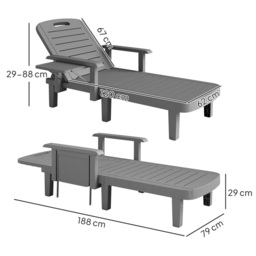 Outsunny Set of 2 Resin Reclining Sun Loungers for Garden, 5 Positions Adjustable Outdoor Chaise Lounge Chairs with Wood Texture Surface, Armrests, Foldable Side Table for Garden, Beach, Dark Grey - thumbnail 3