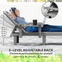 Outsunny Set of 2 Resin Reclining Sun Loungers for Garden, 5 Positions Adjustable Outdoor Chaise Lounge Chairs with Wood Texture Surface, Armrests, Foldable Side Table for Garden, Beach, Dark Grey - thumbnail 4