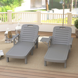 Outsunny Set of 2 Resin Reclining Sun Loungers for Garden, 5 Positions Adjustable Outdoor Chaise Lounge Chairs with Wood Texture Surface, Armrests, Foldable Side Table for Garden, Beach, Dark Grey - thumbnail 8