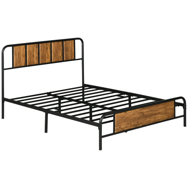 HOMCOM 25.5cm Double Bed Frame, Industrial Bed Base with Headboard, Footboard, Steel Slat Support and Storage, 145 x 199cm, Rustic Brown - Aosom UK - image 1