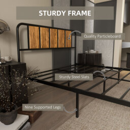 HOMCOM 25.5cm Double Bed Frame, Industrial Bed Base with Headboard, Footboard, Steel Slat Support and Storage, 145 x 199cm, Rustic Brown - Aosom UK - thumbnail 6