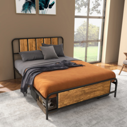 HOMCOM 25.5cm Double Bed Frame, Industrial Bed Base with Headboard, Footboard, Steel Slat Support and Storage, 145 x 199cm, Rustic Brown - Aosom UK - thumbnail 2