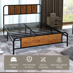 HOMCOM 25.5cm Double Bed Frame, Industrial Bed Base with Headboard, Footboard, Steel Slat Support and Storage, 145 x 199cm, Rustic Brown - Aosom UK - thumbnail 4