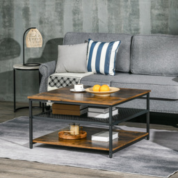 HOMCOM Industrial Coffee Table: Square Cocktail Table with 3-Tier Shelves, Rustic Brown for Living Room - Aosom UK - thumbnail 2