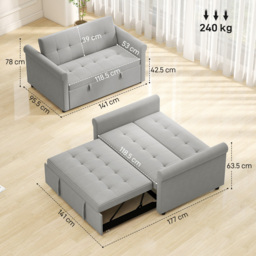 HOMCOM Two-Seater Velvet-Feel Sofa Bed - Grey - thumbnail 3
