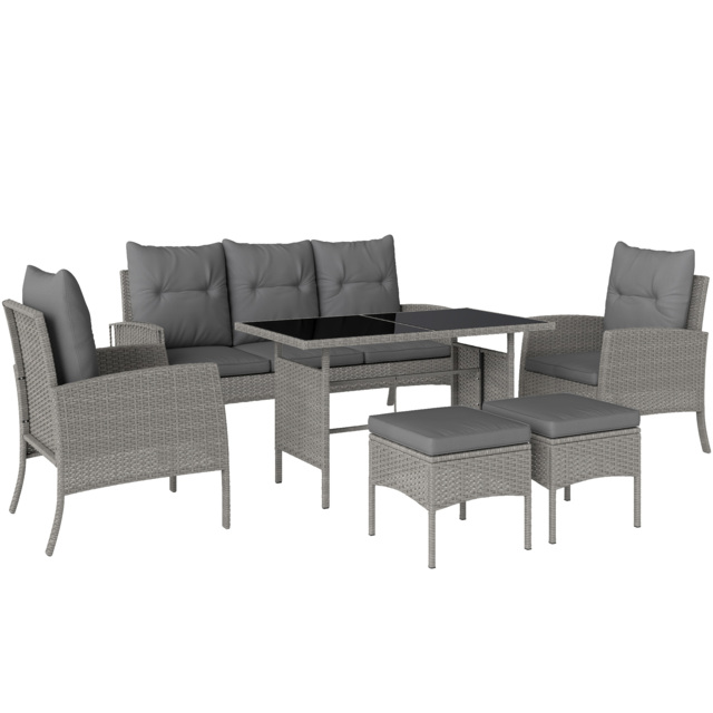 Outsunny 5 Seater Rattan Garden Furniture Set, 2 Armchairs, 3-Seater Wicker Sofa, 2 Footstools and Glass Table for Conservatory, Grey - image 1