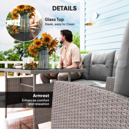 Outsunny 5 Seater Rattan Garden Furniture Set, 2 Armchairs, 3-Seater Wicker Sofa, 2 Footstools and Glass Table for Conservatory, Grey - thumbnail 6