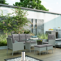 Outsunny 5 Seater Rattan Garden Furniture Set, 2 Armchairs, 3-Seater Wicker Sofa, 2 Footstools and Glass Table for Conservatory, Grey - thumbnail 9