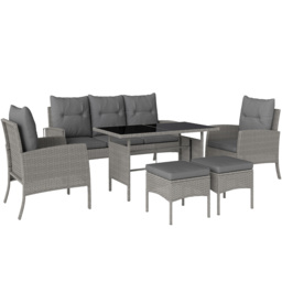 Outsunny 5 Seater Rattan Garden Furniture Set, 2 Armchairs, 3-Seater Wicker Sofa, 2 Footstools and Glass Table for Conservatory, Grey - thumbnail 1