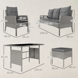 Outsunny 5 Seater Rattan Garden Furniture Set, 2 Armchairs, 3-Seater Wicker Sofa, 2 Footstools and Glass Table for Conservatory, Grey - thumbnail 3
