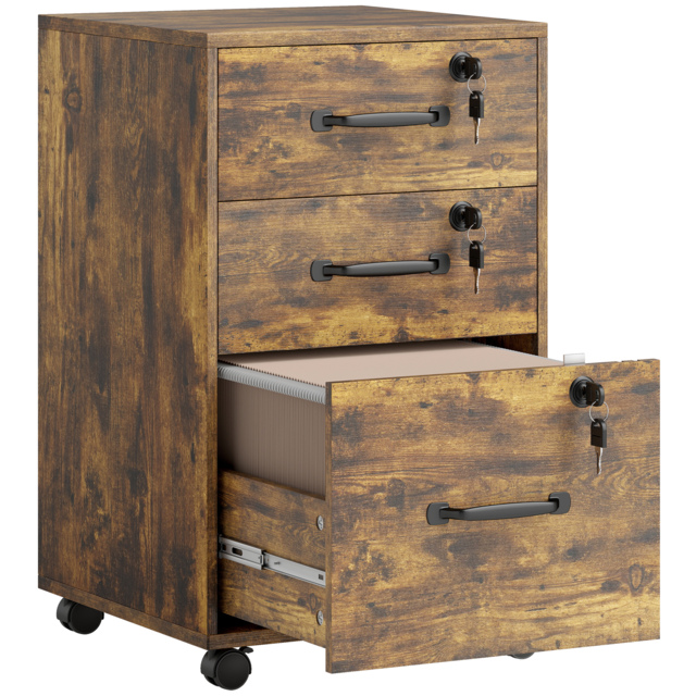 HOMCOM Three Drawer Wood-Effect Filing Cabinet - Rustic Brown - image 1