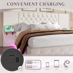 Modern Bed Frame with Wide Button-Tufted Headboard, Integrated LED Lighting, Bed Base with USB-C Ports, 209L x 221W x 103H cm, Beige - Aosom UK - thumbnail 8