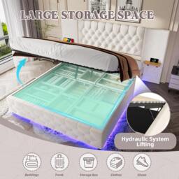 Modern Bed Frame with Wide Button-Tufted Headboard, Integrated LED Lighting, Bed Base with USB-C Ports, 209L x 221W x 103H cm, Beige - Aosom UK - thumbnail 5