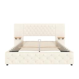 Modern Bed Frame with Wide Button-Tufted Headboard, Integrated LED Lighting, Bed Base with USB-C Ports, 209L x 221W x 103H cm, Beige - Aosom UK - thumbnail 2