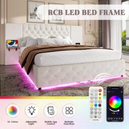 Modern Bed Frame with Wide Button-Tufted Headboard, Integrated LED Lighting, Bed Base with USB-C Ports, 209L x 221W x 103H cm, Beige - Aosom UK - thumbnail 4