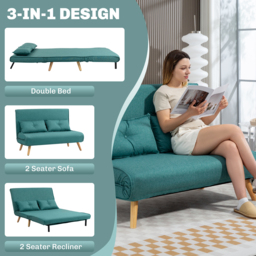 HOMCOM Two-Seater Linen-Look Sofa Bed with Scratch-Resistant Treatment, Green - Aosom UK - thumbnail 4