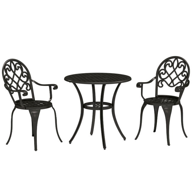 Outsunny 3 Piece Patio Bistro Set for 2, Outdoor Aluminium Garden Table and Chairs with Adjustable Footpads for Balcony, Garden and Patio, Black - image 1