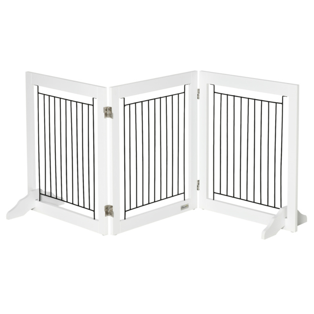 PawHut Dog Gate, Freestanding Pet Gate, Wooden Puppy Fence Foldable Design w/ 61 cm Height 3 Panels, 2 Support Feet, Doorway Stairs White - Aosom UK - image 1