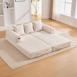 Cozy Compressible Folding Sofa with Detachable Metal Frame, Soft Modular Sectional Couch for Small Apartment, 110L x 33W x 33H cm, Beige - Aosom UK - thumbnail 9