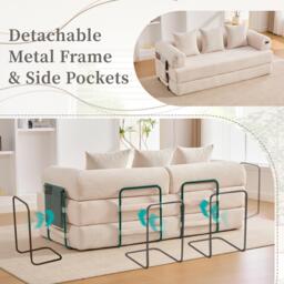 Cozy Compressible Folding Sofa with Detachable Metal Frame, Soft Modular Sectional Couch for Small Apartment, 110L x 33W x 33H cm, Beige - Aosom UK - thumbnail 7