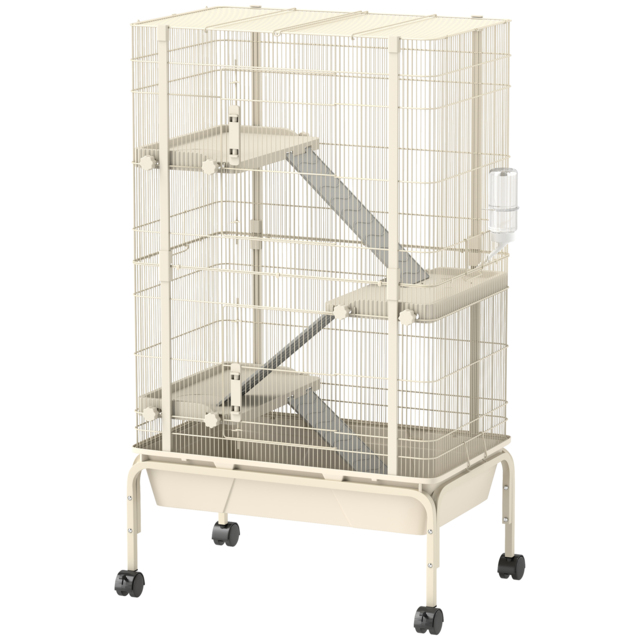 PawHut 4 Levels Rolling Small Animal Cage, Rabbit Cage with 3 Ramps, Water Bottle, Food Dish, 15cm Deep Tray, Beige - image 1