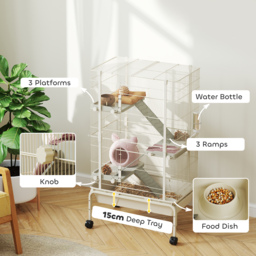 PawHut 4 Levels Rolling Small Animal Cage, Rabbit Cage with 3 Ramps, Water Bottle, Food Dish, 15cm Deep Tray, Beige - thumbnail 5