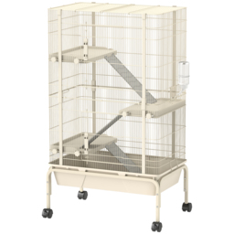 PawHut 4 Levels Rolling Small Animal Cage, Rabbit Cage with 3 Ramps, Water Bottle, Food Dish, 15cm Deep Tray, Beige - thumbnail 1