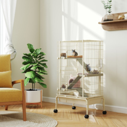 PawHut 4 Levels Rolling Small Animal Cage, Rabbit Cage with 3 Ramps, Water Bottle, Food Dish, 15cm Deep Tray, Beige - thumbnail 2