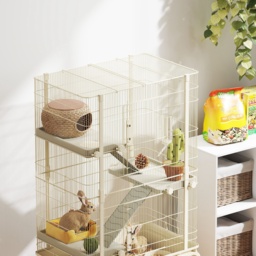PawHut 4 Levels Rolling Small Animal Cage, Rabbit Cage with 3 Ramps, Water Bottle, Food Dish, 15cm Deep Tray, Beige - thumbnail 8