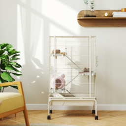 PawHut 4 Levels Rolling Small Animal Cage, Rabbit Cage with 3 Ramps, Water Bottle, Food Dish, 15cm Deep Tray, Beige - thumbnail 9