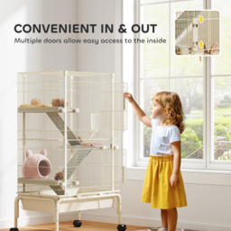 PawHut 4 Levels Rolling Small Animal Cage, Rabbit Cage with 3 Ramps, Water Bottle, Food Dish, 15cm Deep Tray, Beige - thumbnail 6