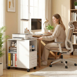HOMCOM Narrow Mobile Printer Table with Wheels, Rolling Printer Stand with Drawers for Home Office, 30 x 60 x 65 cm, White - thumbnail 8