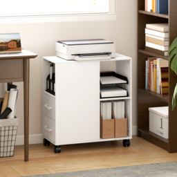 HOMCOM Narrow Mobile Printer Table with Wheels, Rolling Printer Stand with Drawers for Home Office, 30 x 60 x 65 cm, White - thumbnail 2