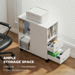 HOMCOM Narrow Mobile Printer Table with Wheels, Rolling Printer Stand with Drawers for Home Office, 30 x 60 x 65 cm, White - thumbnail 4