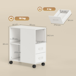 HOMCOM Narrow Mobile Printer Table with Wheels, Rolling Printer Stand with Drawers for Home Office, 30 x 60 x 65 cm, White - thumbnail 3