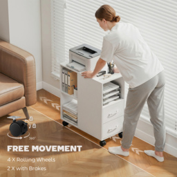 HOMCOM Narrow Mobile Printer Table with Wheels, Rolling Printer Stand with Drawers for Home Office, 30 x 60 x 65 cm, White - thumbnail 6