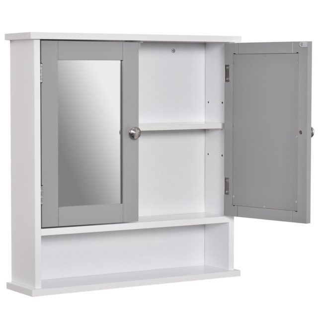 Kleankin Wall Mounted Bathroom Cabinet with Double Mirrored Doors, Storage Organiser and Shelf, Grey - Aosom UK - image 1