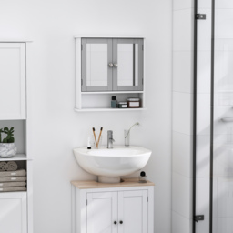 Kleankin Wall Mounted Bathroom Cabinet with Double Mirrored Doors, Storage Organiser and Shelf, Grey - Aosom UK - thumbnail 2