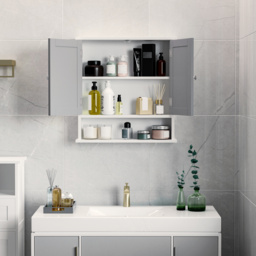 Kleankin Wall Mounted Bathroom Cabinet with Double Mirrored Doors, Storage Organiser and Shelf, Grey - Aosom UK - thumbnail 4