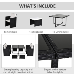 Outsunny 9PC Garden Rattan Dining Set Outdoor Patio Dining Table Set Weave Wicker 8 Seater Stool Black - thumbnail 5