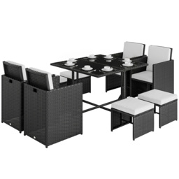 Outsunny 9PC Garden Rattan Dining Set Outdoor Patio Dining Table Set Weave Wicker 8 Seater Stool Black