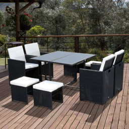 Outsunny 9PC Garden Rattan Dining Set Outdoor Patio Dining Table Set Weave Wicker 8 Seater Stool Black - thumbnail 2