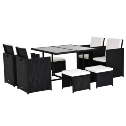 Outsunny 9PC Garden Rattan Dining Set Outdoor Patio Dining Table Set Weave Wicker 8 Seater Stool Black - thumbnail 1