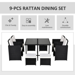 Outsunny 9PC Garden Rattan Dining Set Outdoor Patio Dining Table Set Weave Wicker 8 Seater Stool Black - thumbnail 4