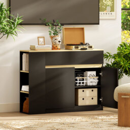 HOMCOM Sideboard, Storage Cabinet with Adjustable Shelf, 2 Drawers, 3 Open Shelves, Black - thumbnail 7