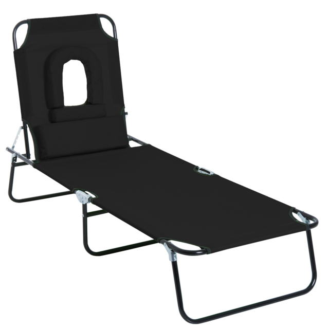 Outsunny Foldable Sun Lounger Recliner Chair with Pillow, Reading Hole for Garden Beach, Adjustable, Black - image 1