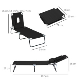 Outsunny Foldable Sun Lounger Recliner Chair with Pillow, Reading Hole for Garden Beach, Adjustable, Black - thumbnail 3