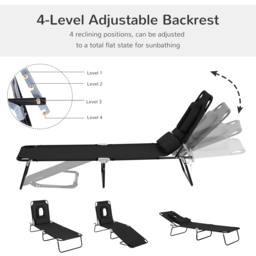 Outsunny Foldable Sun Lounger Recliner Chair with Pillow, Reading Hole for Garden Beach, Adjustable, Black - thumbnail 4